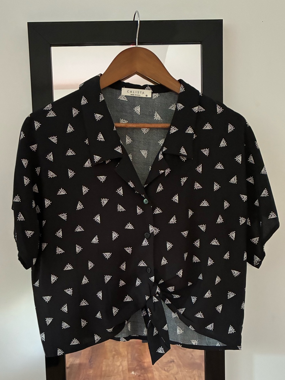 Calista Black Short-Sleeve Button-Front Tie Shirt